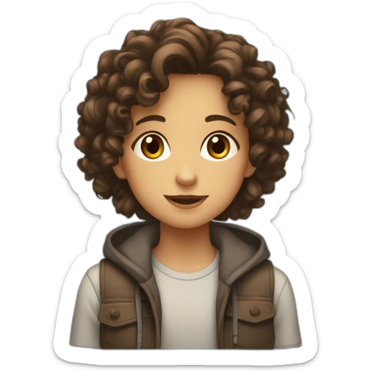 A 12 years Old girl with curly brown hair brown eyes talking to a brown 12 years old boys sticker