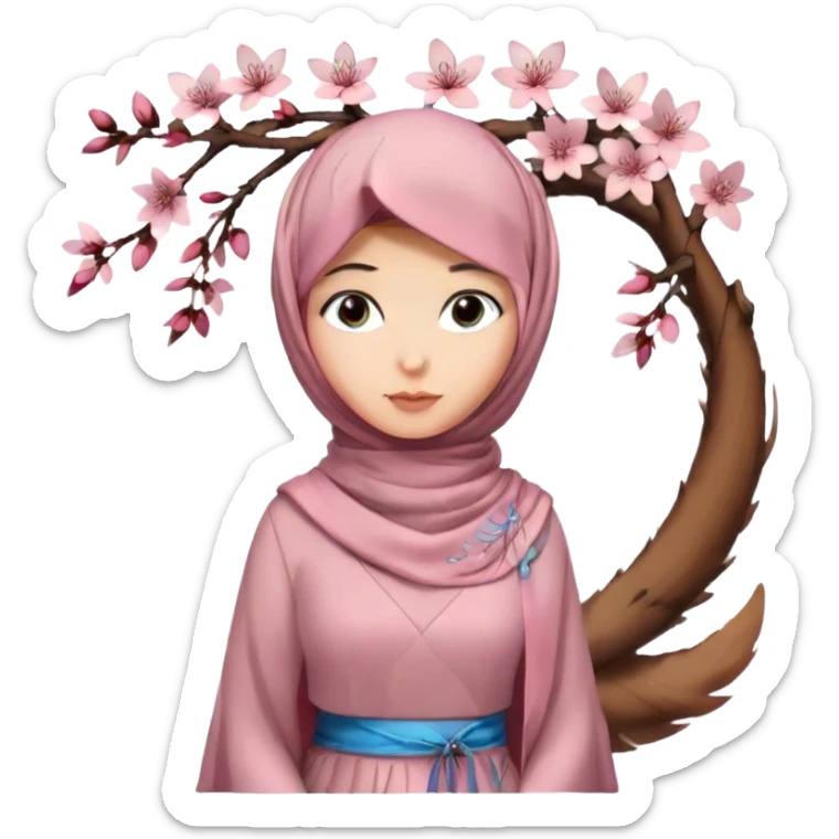 Turkish beautiful finish Konya girl blue eyes with hijab and long tail cherry blossom design dress sticker