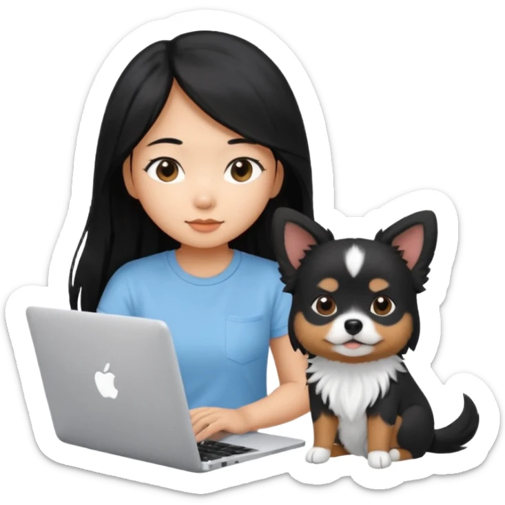 Asian girl with long black hair, wearing a light blue t-shirt, working on an Apple laptop, beside a small black and white dog sticker