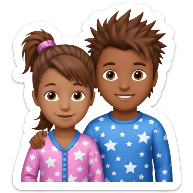 4 year old brown spikey haired boy with blue pajamas with stars on them and a 1 year old brown haired pony tail girl with pink pajamas, and stars on them with light skin. Top left on, can you make them smile more?  sticker