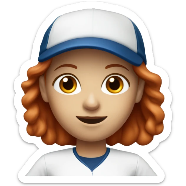 a standing white female coach with long red hair, wearing a white t-shirt and a simple blue baseball hat, in a friendly and confident pose sticker