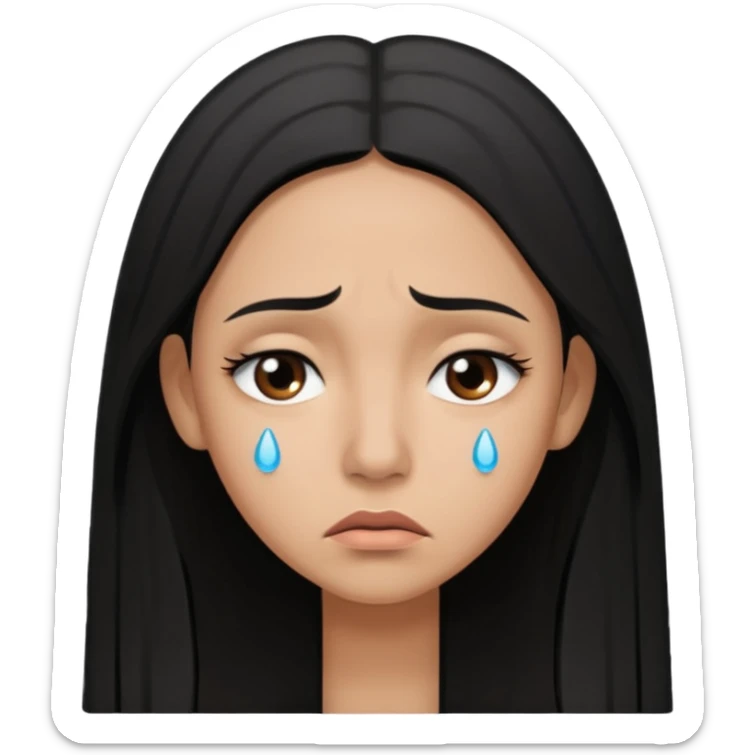 Sad crying woman with long straight black hair, brown skin tone, teardrops on face, worried eyebrows, neutral mouth sticker
