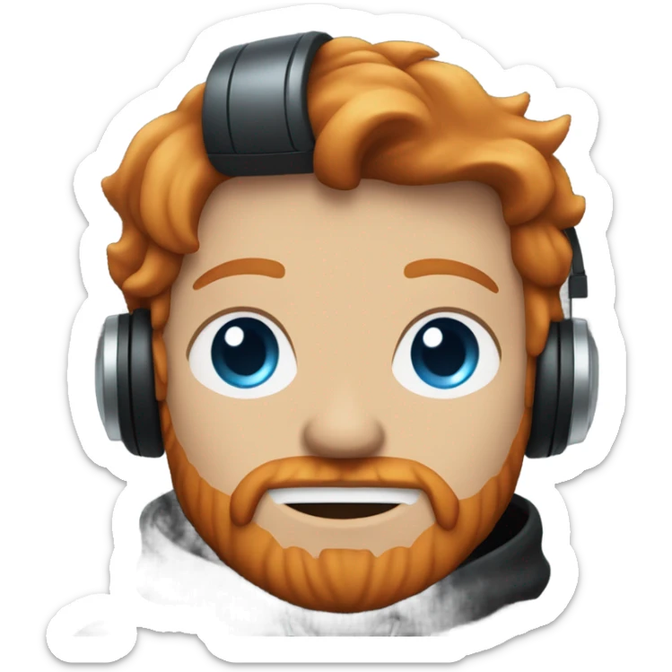 Ginger man with a blue eye and a black and red eye and ginger beard in black hoodie and with headphones on sticker