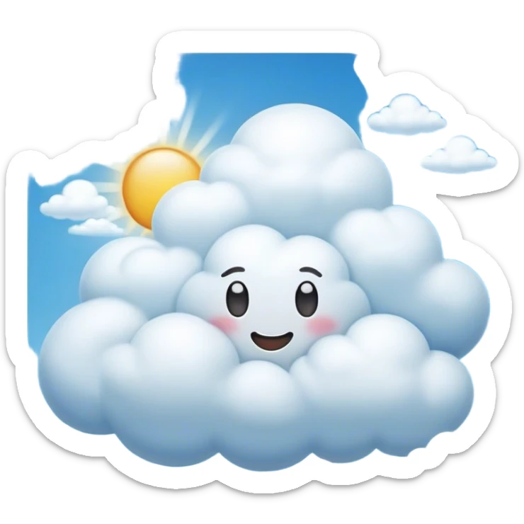 Cinematic Realistic Cumulus Emoji, Big and puffy, with cotton-like clouds floating in the clear blue sky. The rounded tops of the clouds glow with the light of the sun, while their soft, white texture adds a sense of calm and spaciousness. Soft glowing outline, capturing the essence of warmth, comfort, and peaceful skies in a perfect cumulus cloud! sticker