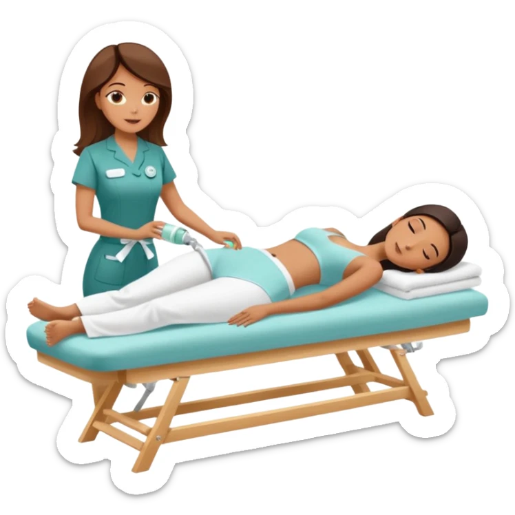 Emoji of a woman lying down on a spa bed while another woman in spa uniform applies a cavitation fat-burning treatment on her abdomen,  sticker