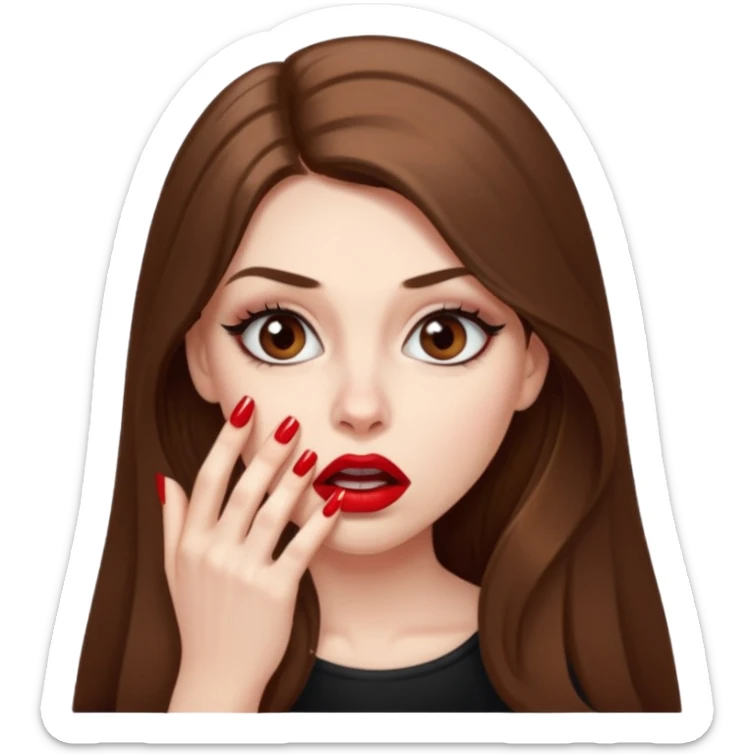 A girl with long brown hair, eyeliner, long lashes, light brown eyes, pale skin and red lipstick biting her nails nervously and looking scared. sticker
