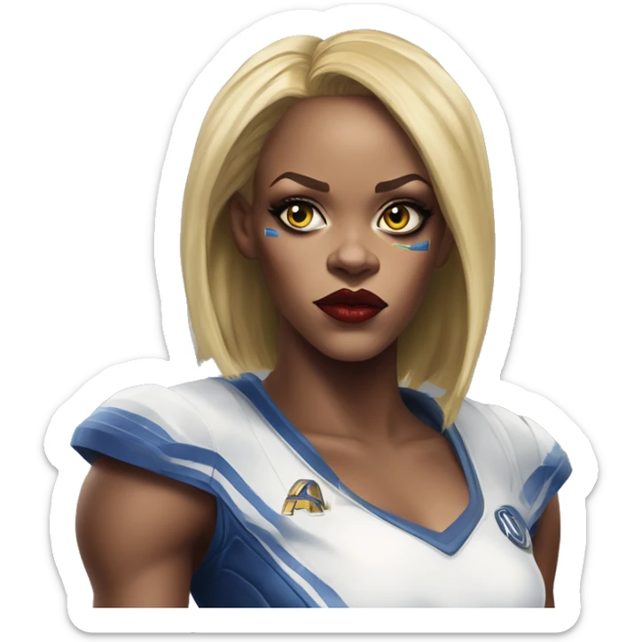 Warcraft soccer Rihanna in Marvel Avengers style, oil paint, mysterious eyes, intricate lips, masterpiece pose, odd perspective, beautiful, desirable, logical sticker