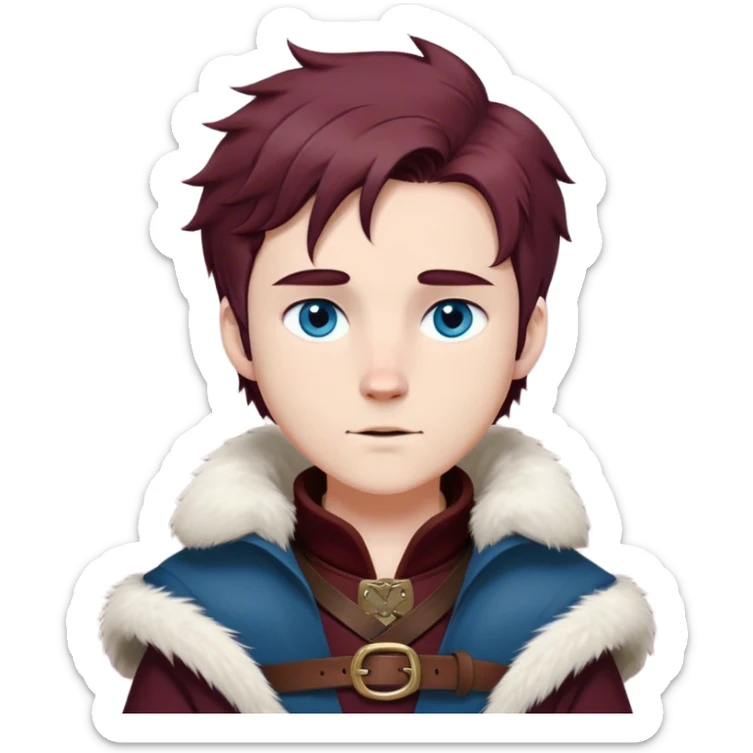 Medieval winter outfit worn by a DnD themed fantasy male character. Thick burgundy wool tunic with arctic fox fur lining, adorned with bronze clasps and a sturdy woven leather belt. Clothes only above the waist, full waist coverage. The character has no arms. Character is white-skinned with mahogany hair, stormy blue eyes, and short layered hair windswept with winter chill sticker