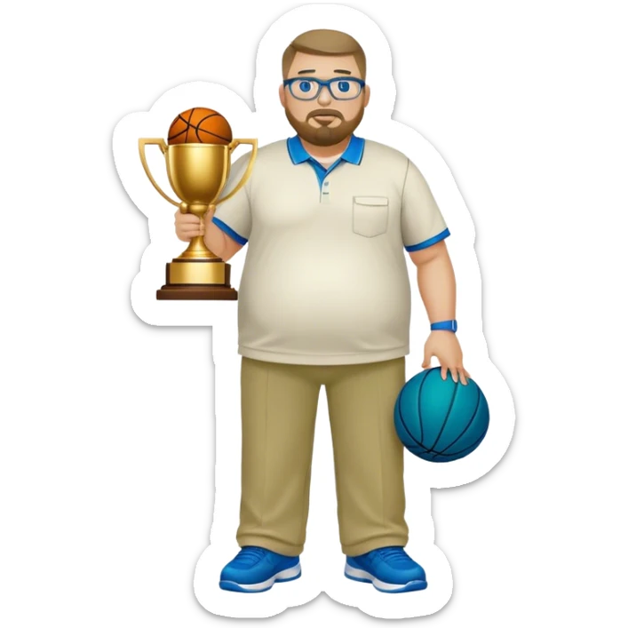 full body white obese male basketball coach with trophy. Goatee , Wearing glasses and blue and green polio with khaki pants sticker