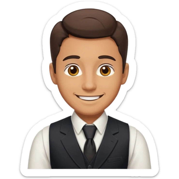 portrait of adult man, wearing a formal vest, smiling face sticker