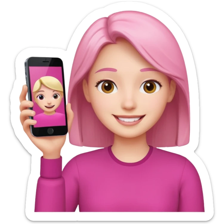 pink video call between one person holding the phone with a person on the phone screen sticker