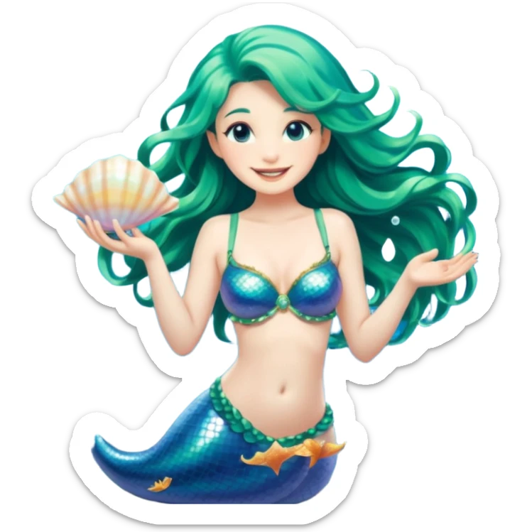 portrait of a mermaid with long flowing sea-green hair, shimmering blue-scaled tail, shell bra, holding a pearl in one hand, smiling softly, front-facing, surrounded by glowing sea particles, fantasy style sticker