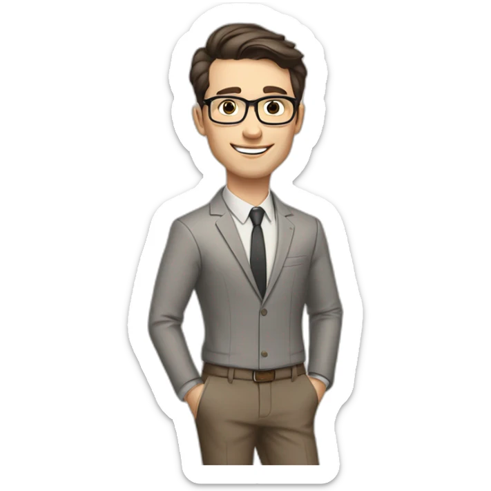Pale skinned fit man with dark brown hair in gray jacket, beige office shirt, brown tie, brown pants and vintage glasses Writing on a marker board sticker
