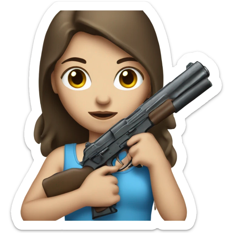 Girl with blue eyes and brown hair holding gun sticker