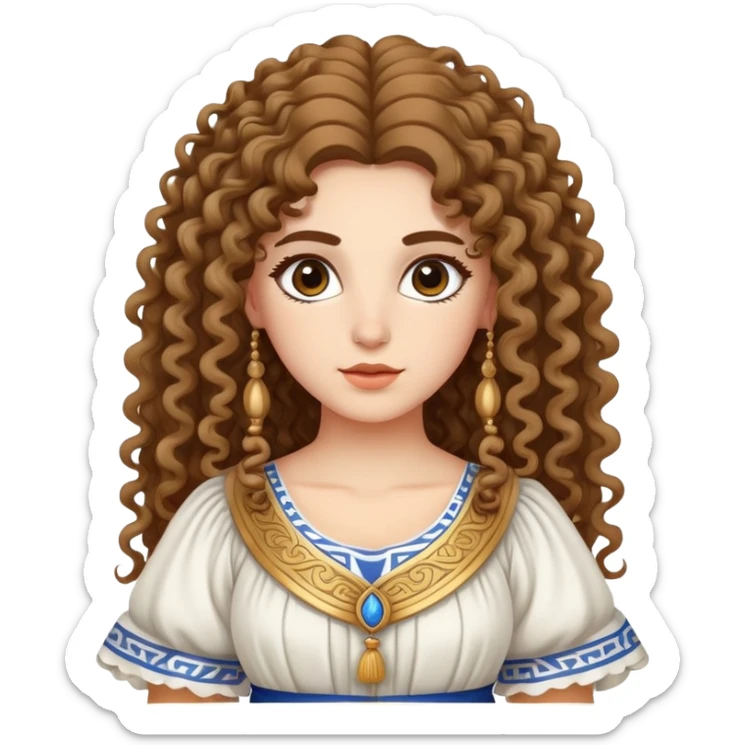 Beautiful Greek character with long puffy curly hair wearing cute traditional Greek clothing sticker