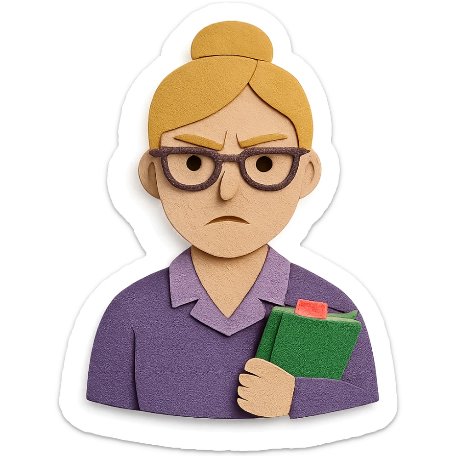 strict and fair senior category math teacher, blonde woman with glasses, paper craft style sticker