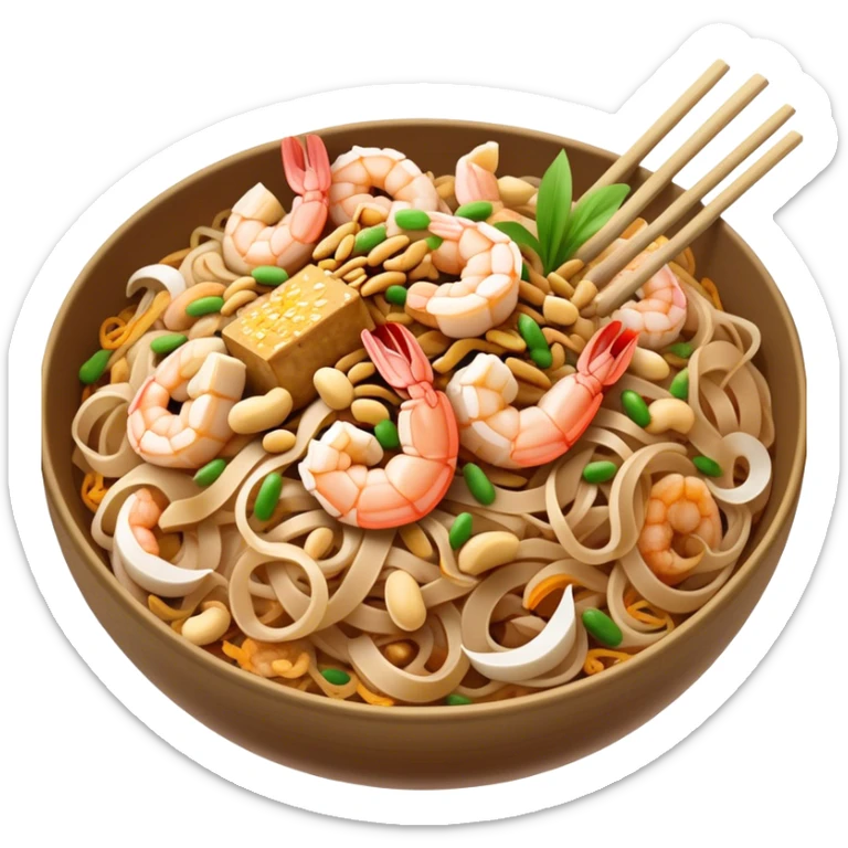 Cinematic Realistic Pad Thai Dish Emoji, depicted as stir-fried rice noodles with shrimp, tofu, peanuts, and bean sprouts rendered with vibrant textures and dynamic, appetizing lighting. sticker