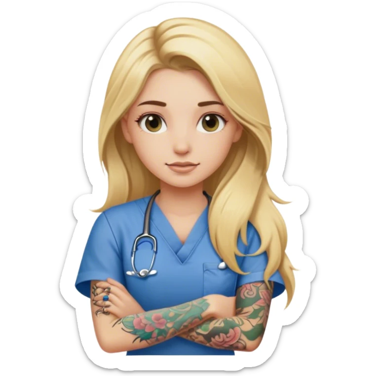 blonde girl with long hair and arm tattoos in scrubs sticker