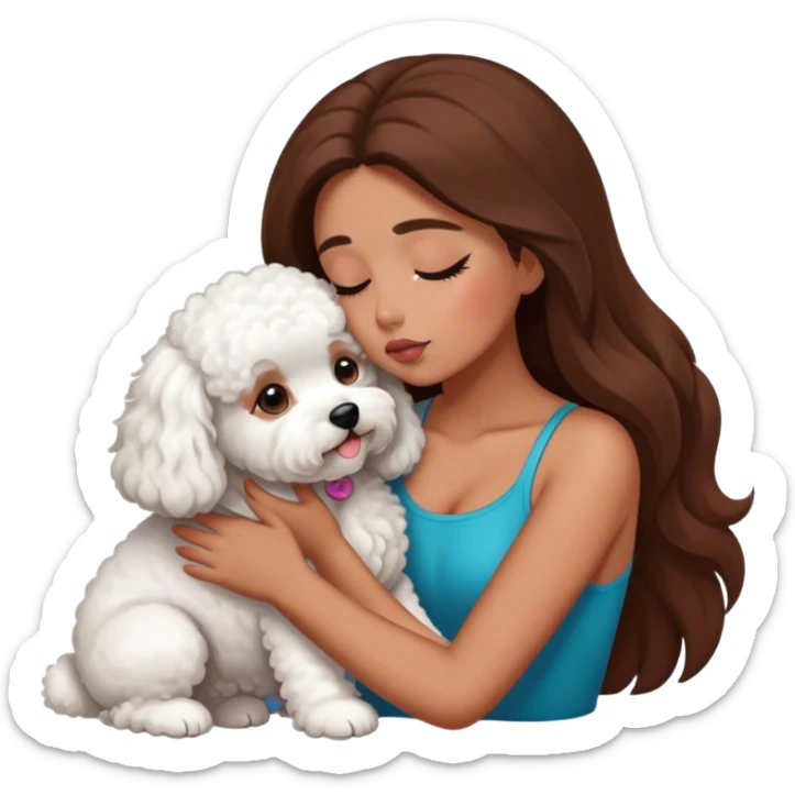 Tanned girl with long brown hair kissing a bichon sticker