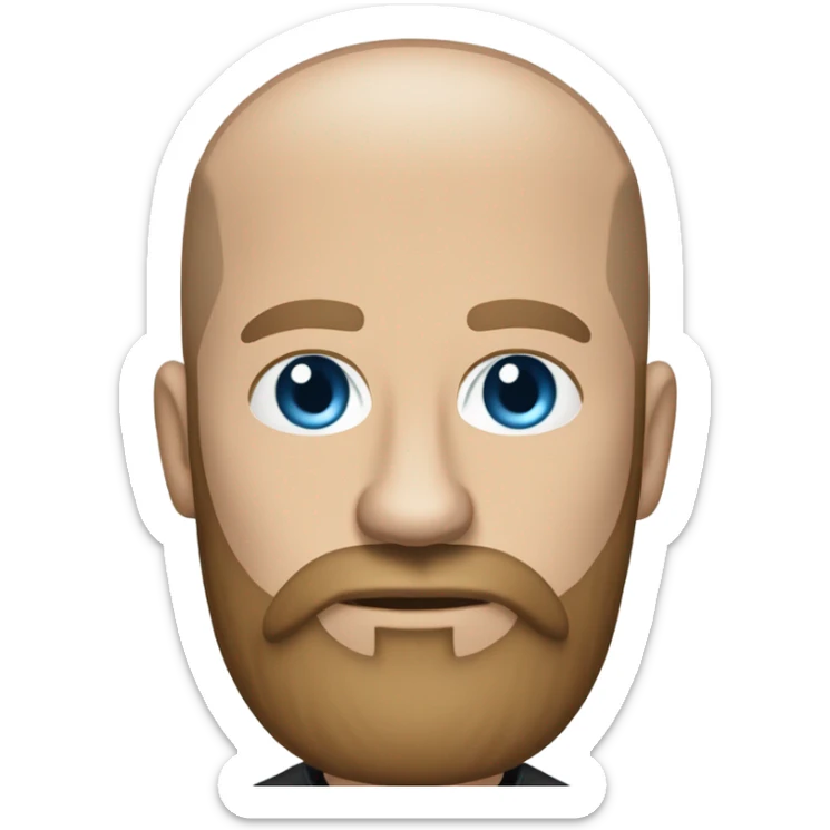 Bald, Caucasian, sky-blue-eyed, Psychotherapist in a modern colorful chair. He has a brown full beard and he’s Wearing a black dress shirt with a subtle pattern, blue jeans and black Chelsea boots with his legs separted leaning forward grey in goatee sticker