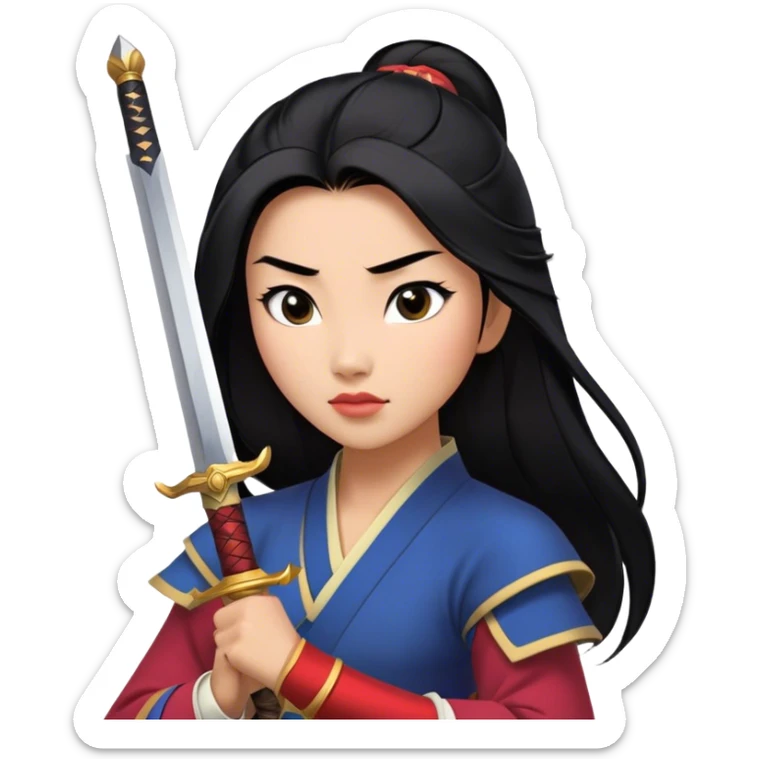 Cinematic Realistic Mulan Portrait, depicted with lifelike skin texture, soft natural lighting, and intricately detailed long black hair styled elegantly. Her deep, expressive eyes exude determination and grace, complemented by a serene yet confident expression. She stands with one hand resting on the hilt of her sword, the other by her side, exuding strength and poise. She is dressed in her classic attire, with rich fabric textures and delicate folds that catch the light beautifully. The portrait features a soft, enchanting glow with a natural, radiant finish, capturing the essence of timeless strength and beauty in a realistic and painterly style, evoking a sense of depth and authenticity. sticker