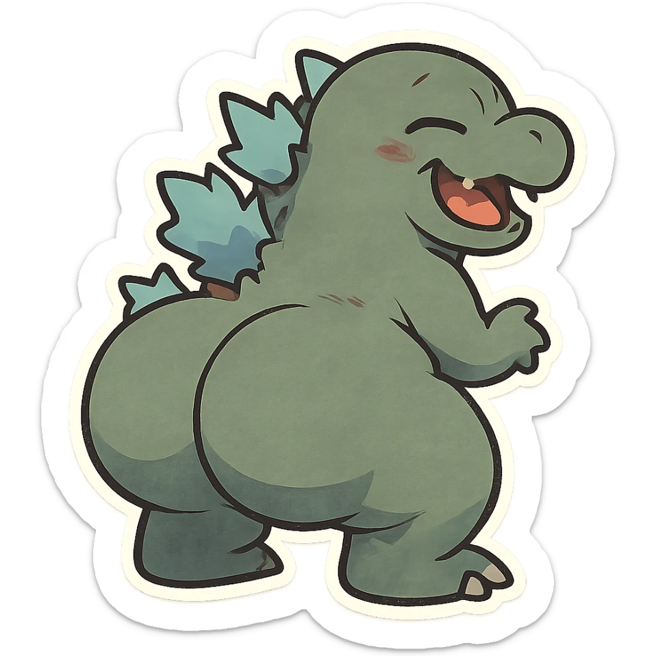 Godzilla with a huge, exaggerated rear, humorous and cartoonish style, playful and funny, lighthearted and silly, fun and whimsical sticker