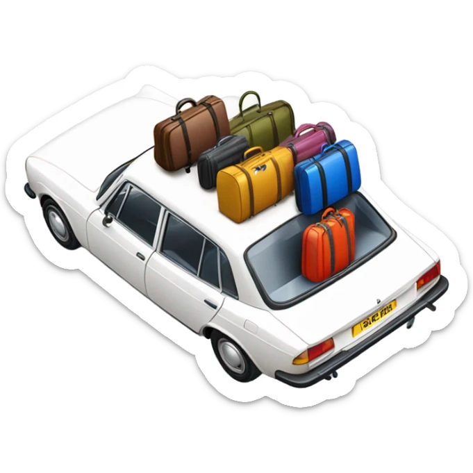a white peugeot 504 with colorful luggage on the roof sticker