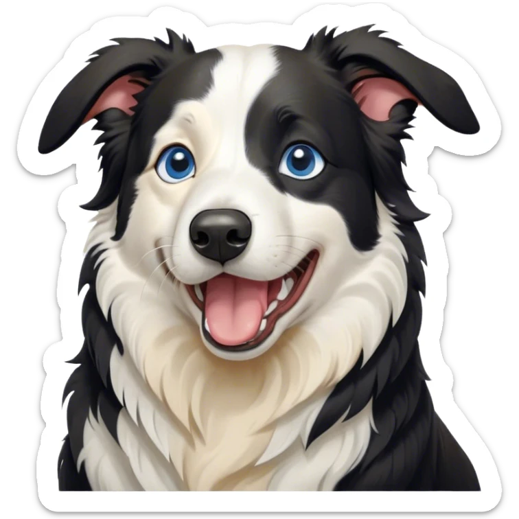 Cinematic Cute Yawning Black and White Border Collie Portrait Emoji, Head tilted slightly with a dramatic, wide-open yawn, showcasing a smooth black and white coat, floppy ears slightly drooping, round blue eyes barely open in drowsy contentment, Simplified yet irresistibly adorable features, highly detailed, glowing with a soft, cozy glow, high shine, relaxed yet alert, stylized with a touch of whimsy, bright and endearing, soft glowing outline, capturing the essence of a sleepy yet spirited herder, so drowsy it feels like it could stretch right out of the screen and curl up for a nap! sticker