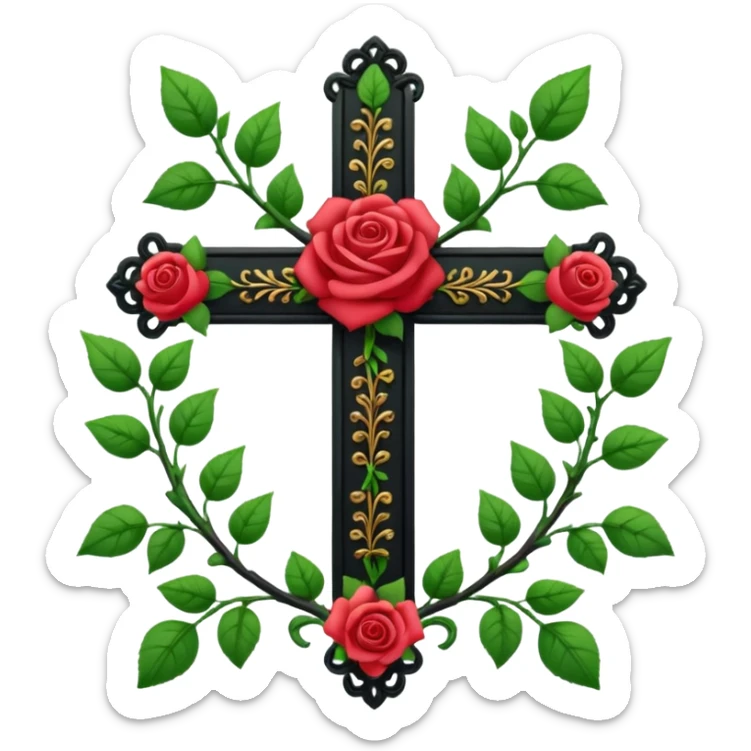 Ein christen kreuz schön verziert mit Rosen ranken aber nur in schwarz als Emoji sticker