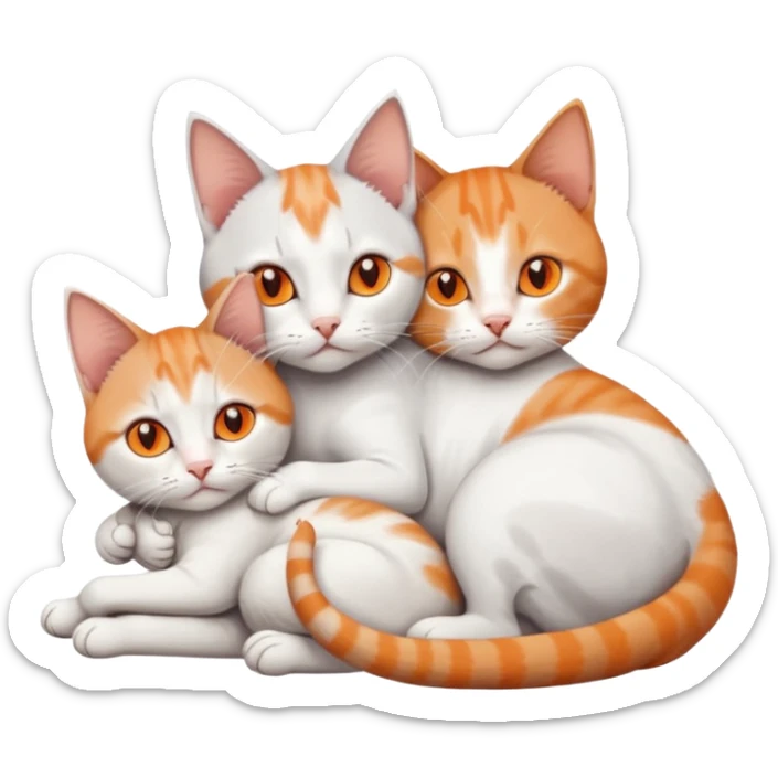 full body of a grey and white cat cuddling a very small + skinny ginger and white kitten with deep orange eyes and triangular shaped face lying down sticker