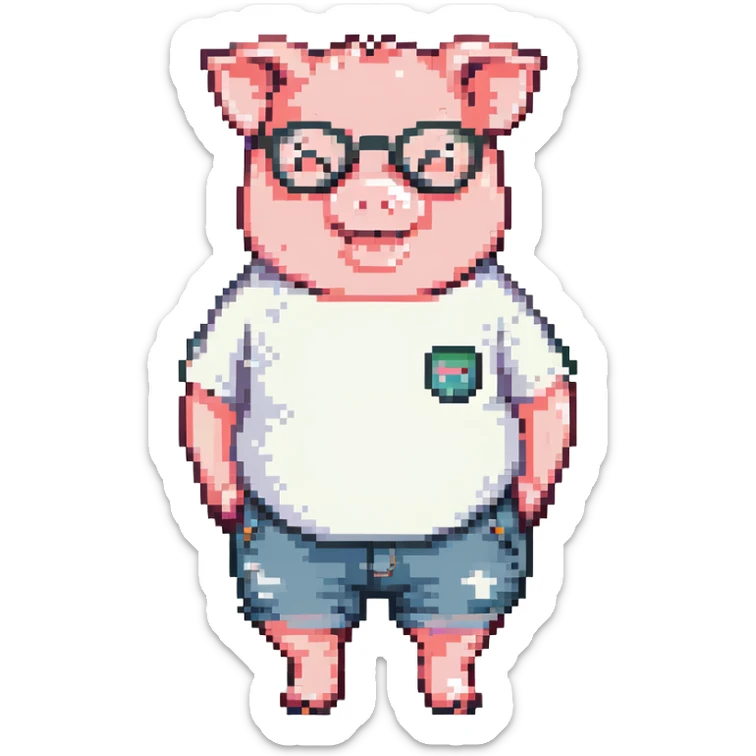 chubby baby pig wearing round glasses, colorful short-sleeve t-shirt, cute shorts, standing and smiling, pixel art emoji style, 32x32, bright and cheerful colors, kawaii style sticker