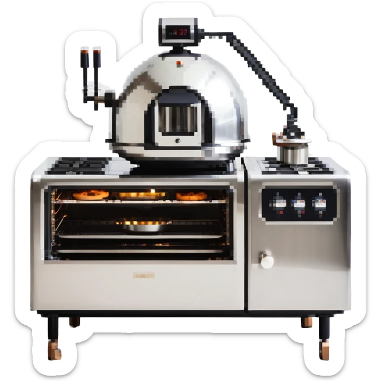 A robotic baker with stainless steel limbs, built-in mixers, and a retro-futuristic oven. The environment is industrial-chic: brushed metal surfaces, LED panels, and mechanical arms. UI mimics control panels with toggle switches, rivets, and analog dials. sticker