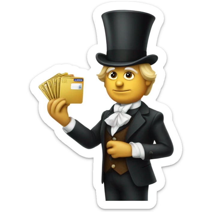 trump waiter Victorian dress elegant full body, holding big credit card sticker