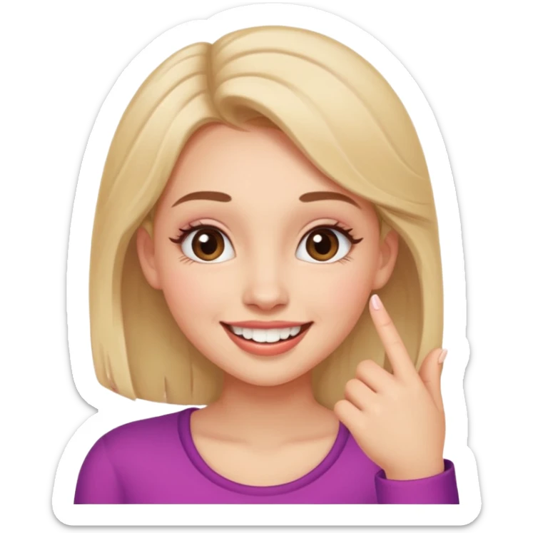 Emoji de una chica con el dedo sobre una esquina de los dientes sonriendo de forma coqueta   sticker
