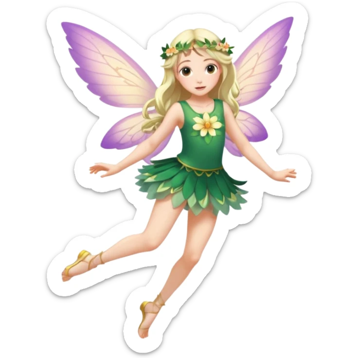 A winged flower fairy white skin girl, wearing a short skirt, one leg straight and the other bent, her body tilted, in a flying pose. sticker