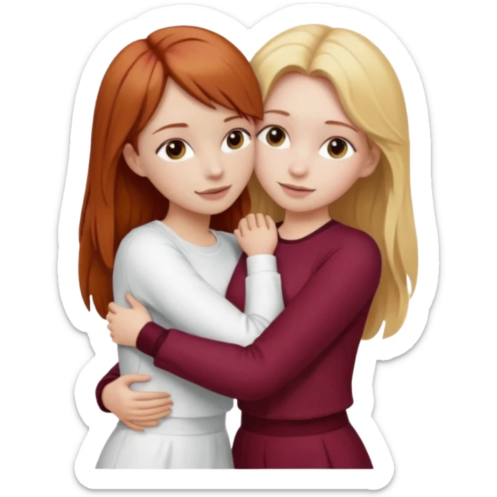 two girls who hug eachother. one has auburn hair with blonde highlights and very pale skin and is wearing white outfit, other has medium-fair skin and blonde hair and is wearing a burgundy outfit sticker