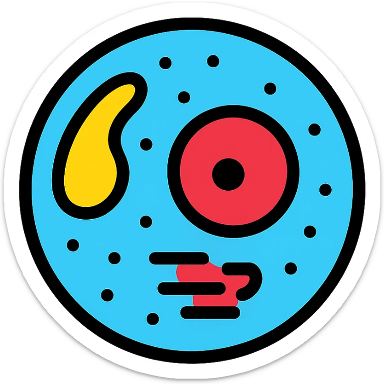 Zelle, deren Inhalt leuchtet in verschiedenen Farben (z. B. blau für Wasser, rot für Proteine, gelb für Lipide). sticker