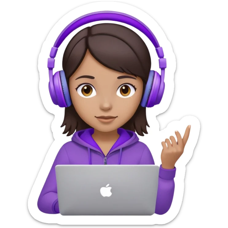Medium skin tone dark brown haired girl wearing purple headphones holding an laptop sticker