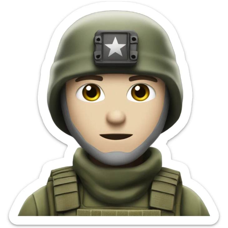 white male, pale skin, call of duty dark mask, green camo tactical gear, combat boots, black beanie, hazel eyes sticker