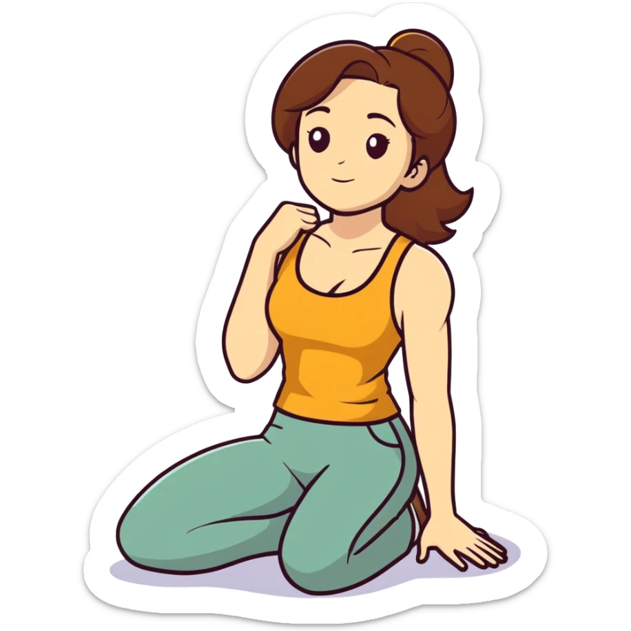  One Caucasian woman with brown hair, big boobs, wearing pants and a tank top, kneeling on the ground.  sticker