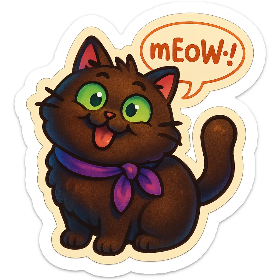 Fluffy cute derpy silly goofy funny dark-brown cat with green eyes and a purple scarf saying ‘mEoW~!’ (With a speech bubble) sticker