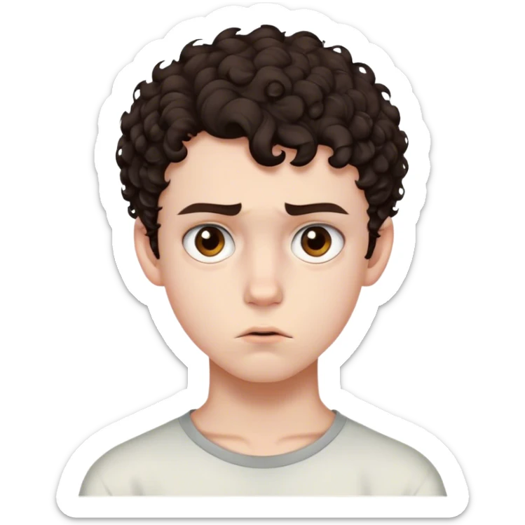 Teenage boy who has short dark brown curly hair with shaved sides, brown eyes, pale-ish skin, and has an unamused expression sticker