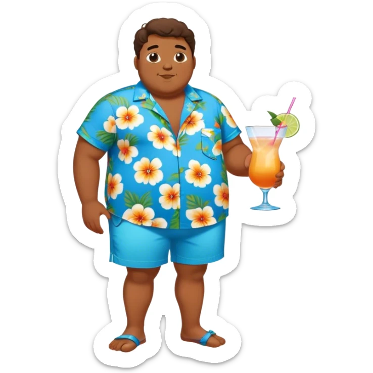 chubby guy full figure in a flowered azure havai shirt, brown shorts and flippers holding a cocktail sticker