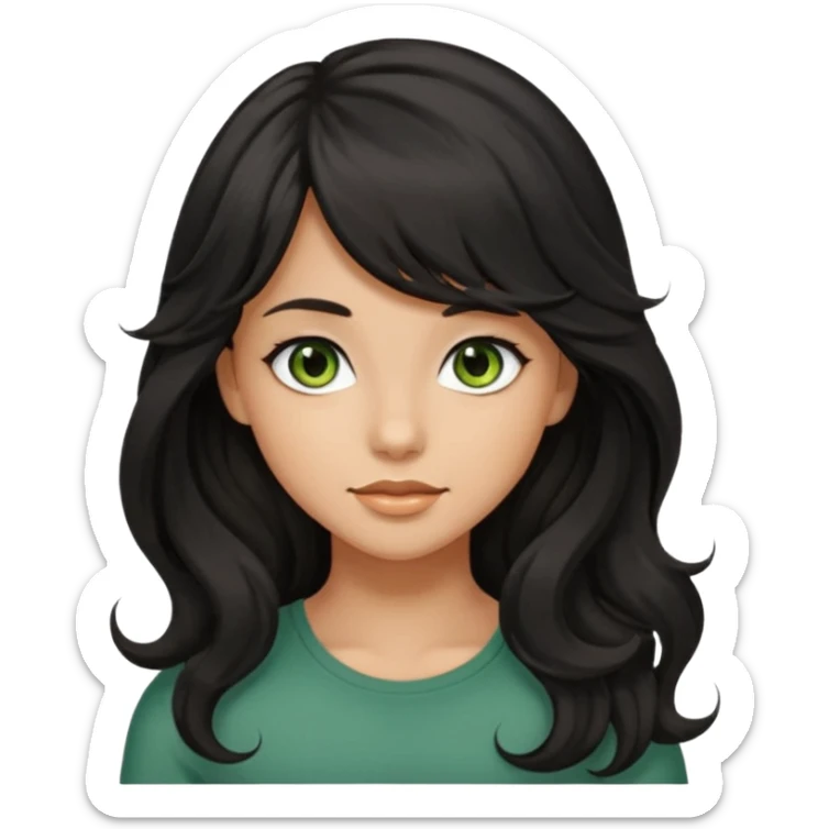 beautiful girl with black wavy long hair and side-swept bangs, tan skin, and greenish-hazel eyes sticker