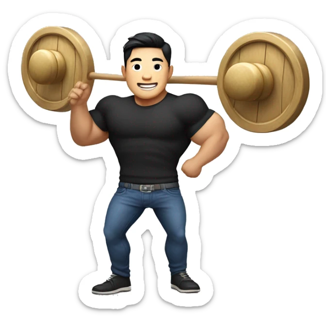 Thick muscular Korean man, with a smile, wearing a tight black shirt, blue jeans, add a gong with a gong stick in his hands sticker