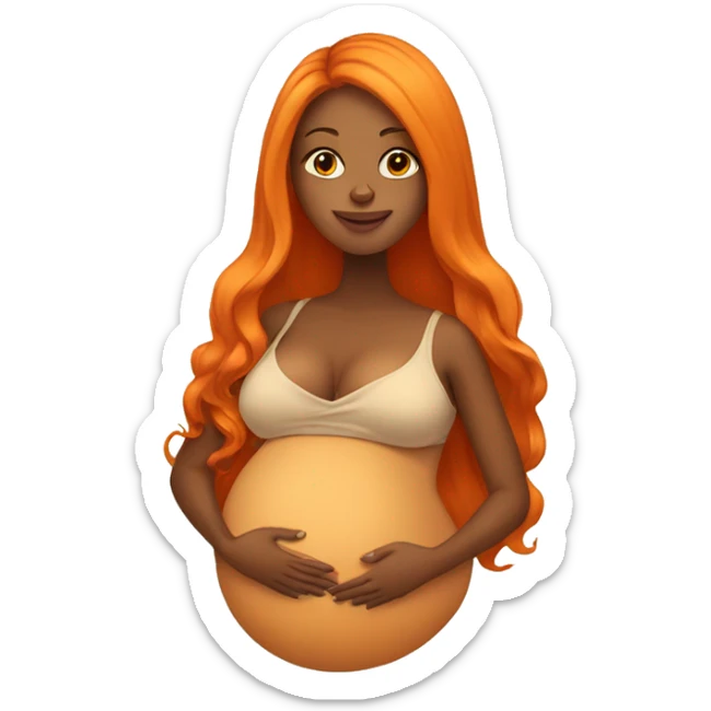Tan girl with long orange hair holding pregnant stomach sticker