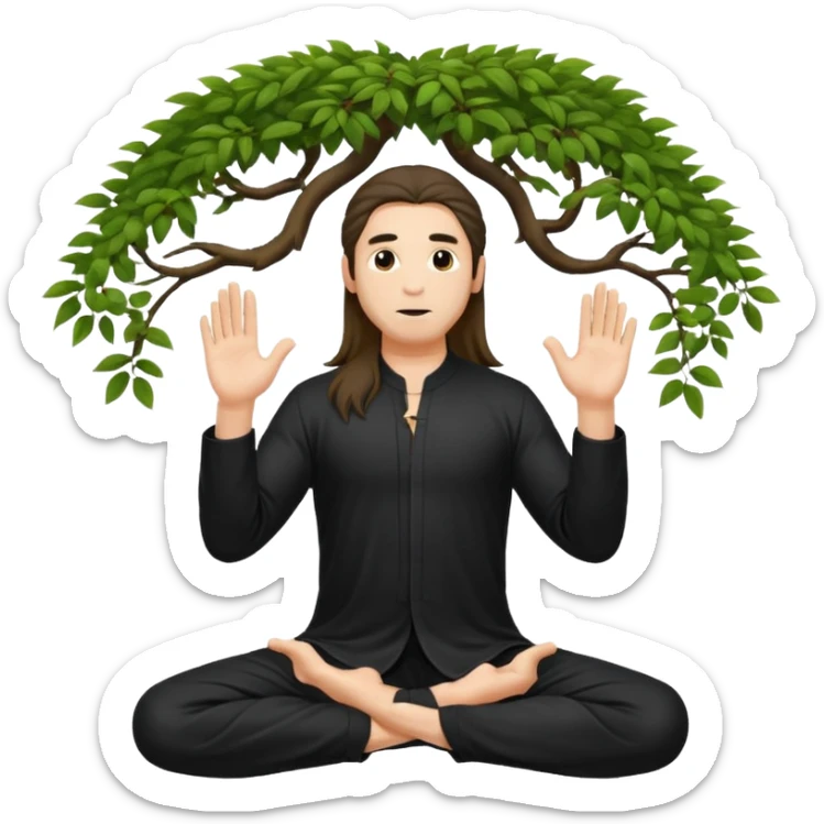 pratiquant de qi gong, homme aux cheveux long, en position de l'arbre, en tenue noire ou blanche. L'image ne contiendra pas d'arbre sticker