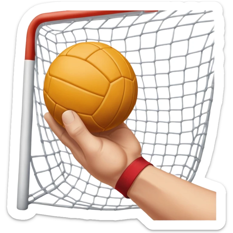 A close-up of a hand gripping a handball, with the handball gates visible in the background. The focus is on the texture of the ball and the strength of the grip, with the goal net slightly blurred to emphasize the anticipation of the throw. sticker