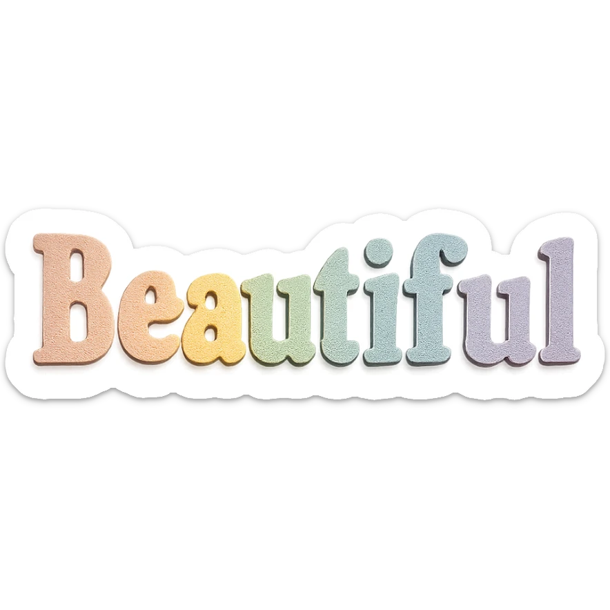 the word 'Beautiful' in soft pastel rainbow colors, bold serif font, kawaii style, no outline, 3D paper-craft effect sticker