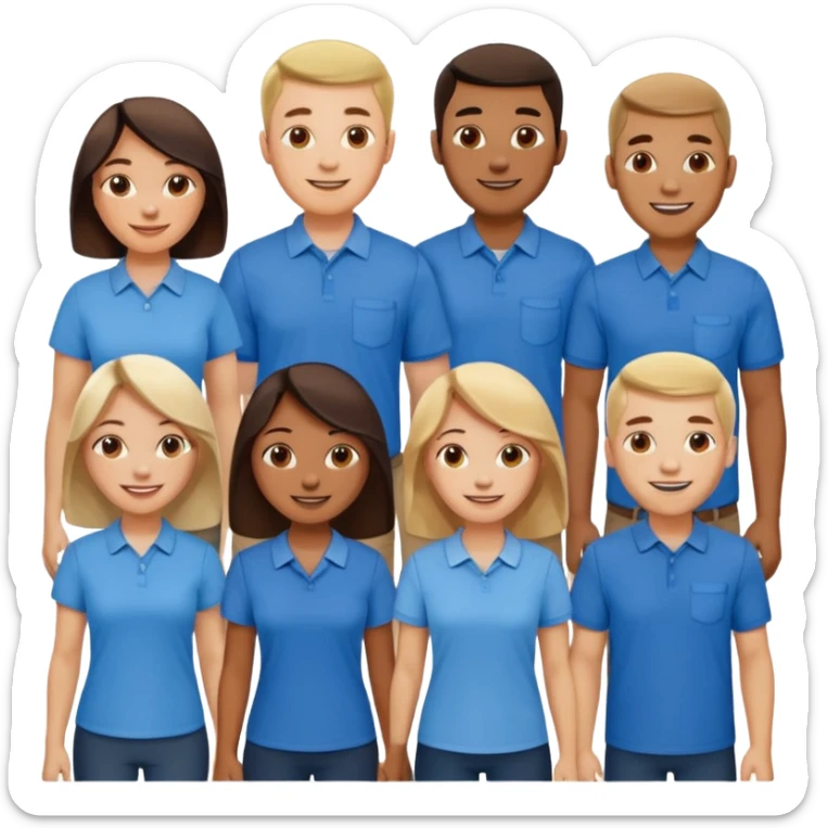 CREA UN EMOJI DE 7 PERSONAS HOMBRES Y MUJERES, CON CAMISA AZUL SOLO 7 SIETE PERSONAS CUERPO COMPLETO sticker